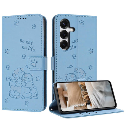 Samsung Galaxy S26 5G Embossed Kitten PU Leather Wallet Case with Card Slots, Cash Pocket, Kickstand Function, Wrist Lanyard Strap, Full Protective TPU Flip Cover