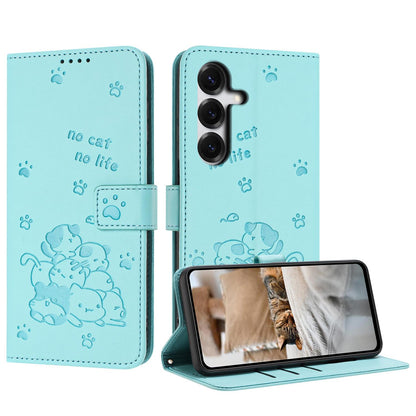 Samsung Galaxy S26 5G Embossed Kitten PU Leather Wallet Case with Card Slots, Cash Pocket, Kickstand Function, Wrist Lanyard Strap, Full Protective TPU Flip Cover