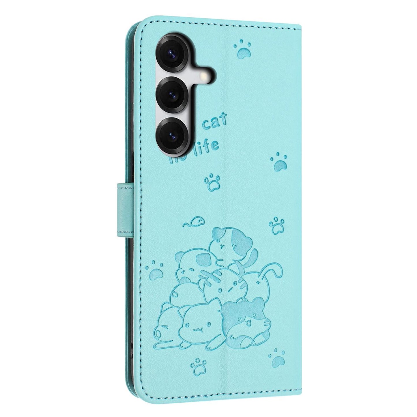 Samsung Galaxy S26 5G Embossed Kitten PU Leather Wallet Case with Card Slots, Cash Pocket, Kickstand Function, Wrist Lanyard Strap, Full Protective TPU Flip Cover