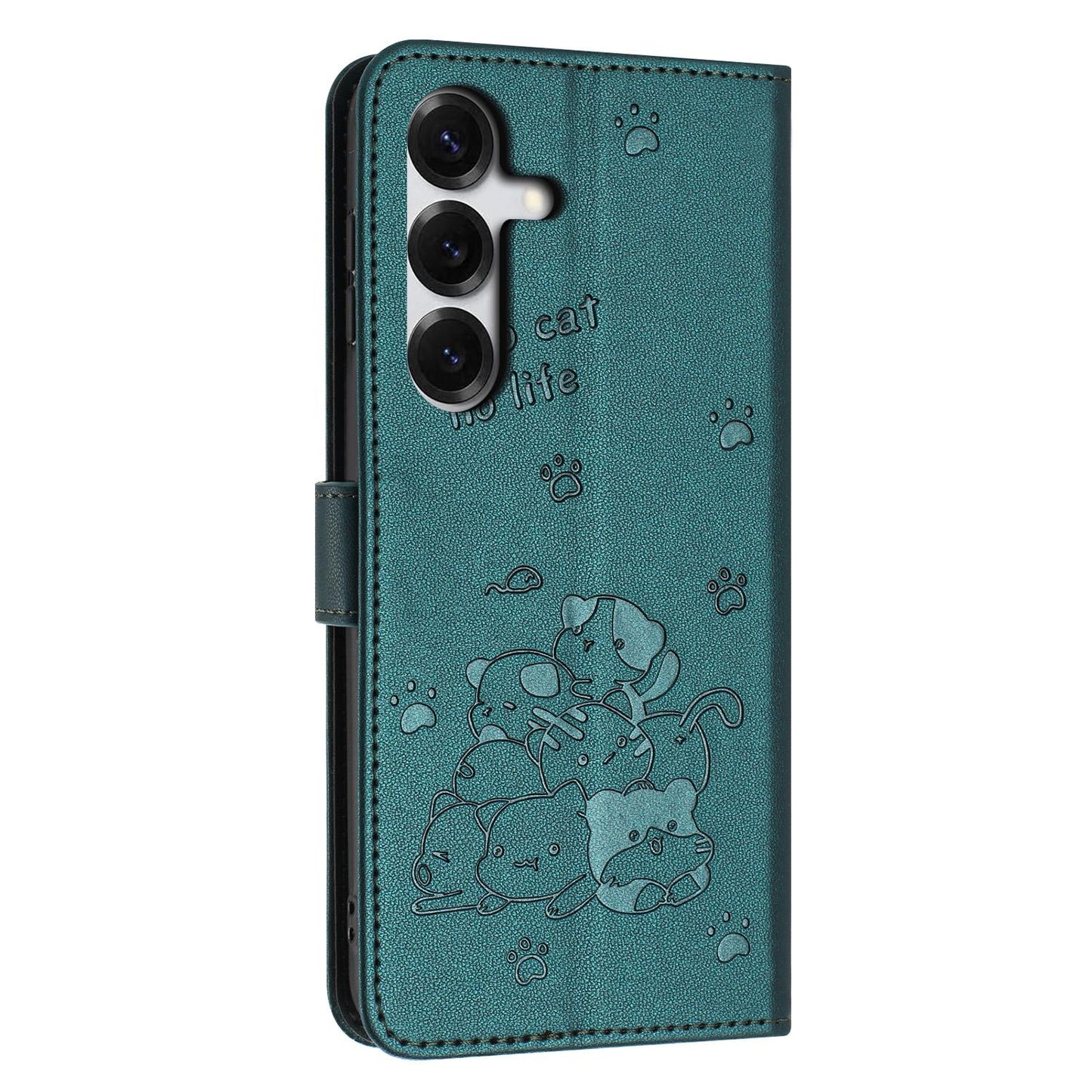 Samsung Galaxy S26 5G Embossed Kitten PU Leather Wallet Case with Card Slots, Cash Pocket, Kickstand Function, Wrist Lanyard Strap, Full Protective TPU Flip Cover