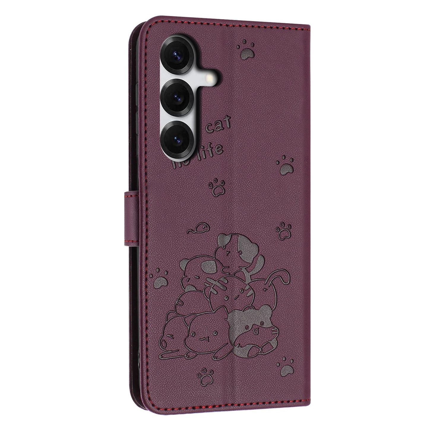 Samsung Galaxy S26 5G Embossed Kitten PU Leather Wallet Case with Card Slots, Cash Pocket, Kickstand Function, Wrist Lanyard Strap, Full Protective TPU Flip Cover