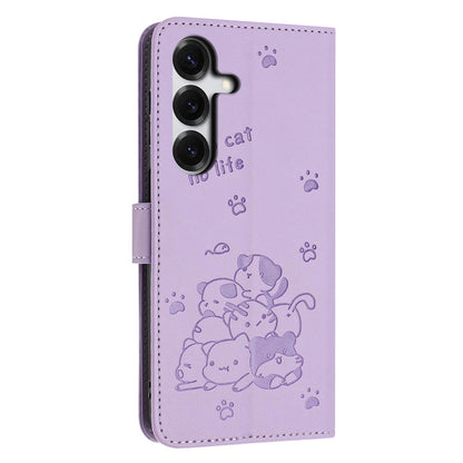 Samsung Galaxy S26+ 5G Embossed Kitten PU Leather Wallet Case with Card Slots, Cash Pocket, Kickstand Function, Wrist Lanyard Strap, Full Protective TPU Flip Cover