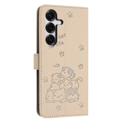 Samsung Galaxy S26+ 5G Embossed Kitten PU Leather Wallet Case with Card Slots, Cash Pocket, Kickstand Function, Wrist Lanyard Strap, Full Protective TPU Flip Cover