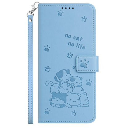 Samsung Galaxy S26+ 5G Embossed Kitten PU Leather Wallet Case with Card Slots, Cash Pocket, Kickstand Function, Wrist Lanyard Strap, Full Protective TPU Flip Cover