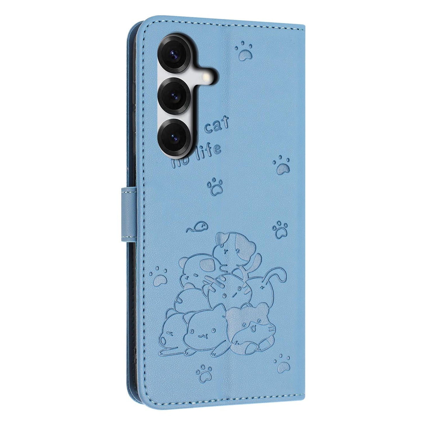 Samsung Galaxy S26+ 5G Embossed Kitten PU Leather Wallet Case with Card Slots, Cash Pocket, Kickstand Function, Wrist Lanyard Strap, Full Protective TPU Flip Cover