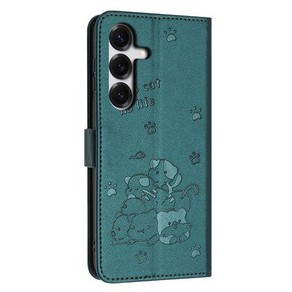 Samsung Galaxy S26+ 5G Embossed Kitten PU Leather Wallet Case with Card Slots, Cash Pocket, Kickstand Function, Wrist Lanyard Strap, Full Protective TPU Flip Cover