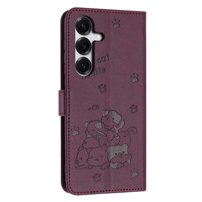 Samsung Galaxy S26+ 5G Embossed Kitten PU Leather Wallet Case with Card Slots, Cash Pocket, Kickstand Function, Wrist Lanyard Strap, Full Protective TPU Flip Cover