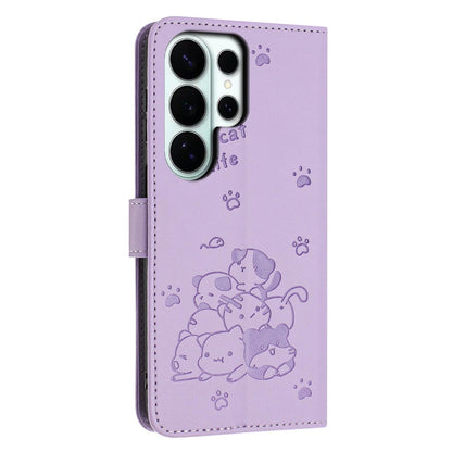 Samsung Galaxy S26 Ultra 5G Embossed Kitten PU Leather Wallet Case with Card Slots, Cash Pocket, Kickstand Function, Wrist Lanyard Strap, Full Protective TPU Flip Cover
