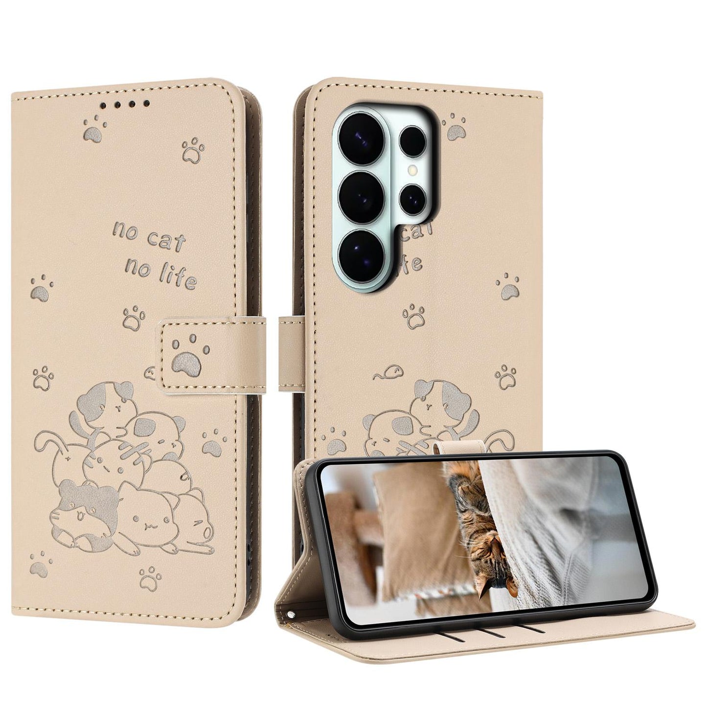 Samsung Galaxy S26 Ultra 5G Embossed Kitten PU Leather Wallet Case with Card Slots, Cash Pocket, Kickstand Function, Wrist Lanyard Strap, Full Protective TPU Flip Cover