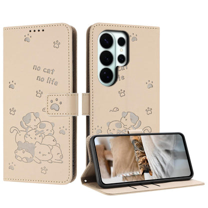 Samsung Galaxy S26 Ultra 5G Embossed Kitten PU Leather Wallet Case with Card Slots, Cash Pocket, Kickstand Function, Wrist Lanyard Strap, Full Protective TPU Flip Cover