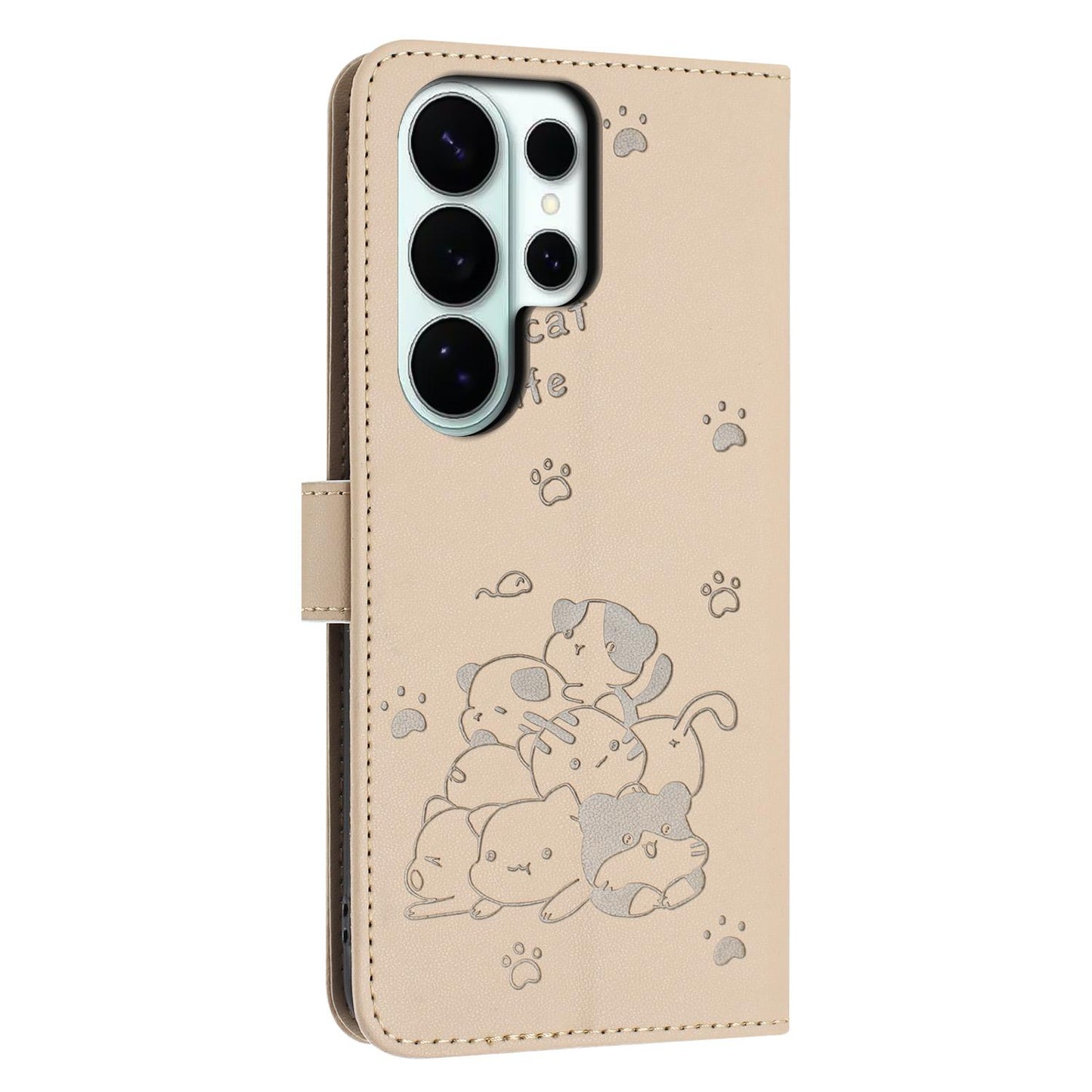 Samsung Galaxy S26 Ultra 5G Embossed Kitten PU Leather Wallet Case with Card Slots, Cash Pocket, Kickstand Function, Wrist Lanyard Strap, Full Protective TPU Flip Cover