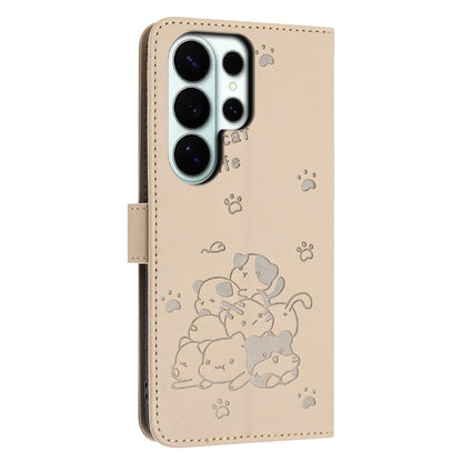 Samsung Galaxy S26 Ultra 5G Embossed Kitten PU Leather Wallet Case with Card Slots, Cash Pocket, Kickstand Function, Wrist Lanyard Strap, Full Protective TPU Flip Cover