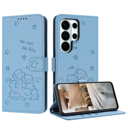 Samsung Galaxy S26 Ultra 5G Embossed Kitten PU Leather Wallet Case with Card Slots, Cash Pocket, Kickstand Function, Wrist Lanyard Strap, Full Protective TPU Flip Cover