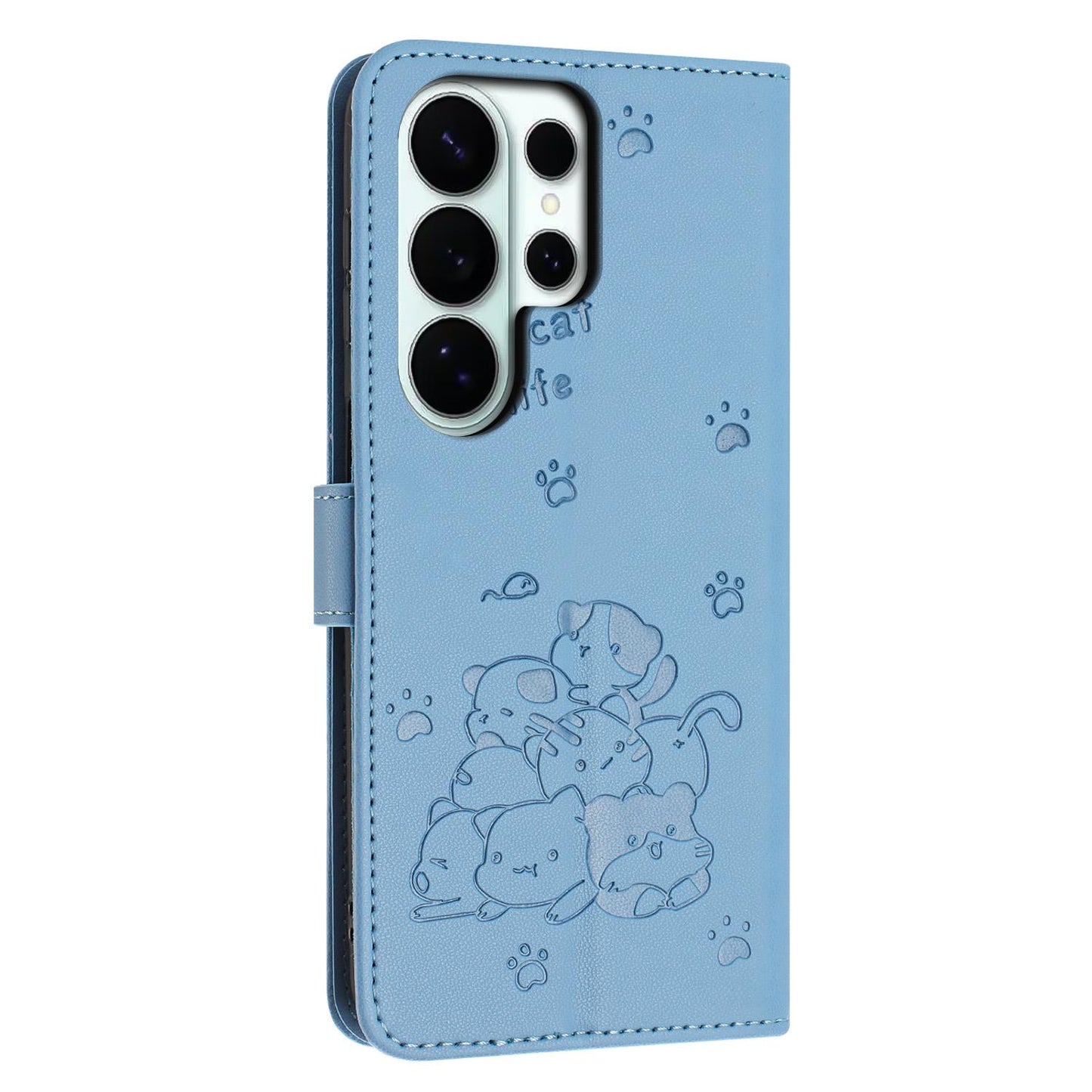 Samsung Galaxy S26 Ultra 5G Embossed Kitten PU Leather Wallet Case with Card Slots, Cash Pocket, Kickstand Function, Wrist Lanyard Strap, Full Protective TPU Flip Cover