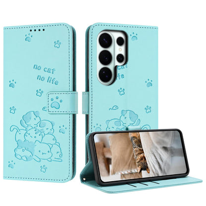 Samsung Galaxy S26 Ultra 5G Embossed Kitten PU Leather Wallet Case with Card Slots, Cash Pocket, Kickstand Function, Wrist Lanyard Strap, Full Protective TPU Flip Cover