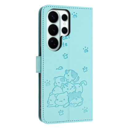 Samsung Galaxy S26 Ultra 5G Embossed Kitten PU Leather Wallet Case with Card Slots, Cash Pocket, Kickstand Function, Wrist Lanyard Strap, Full Protective TPU Flip Cover
