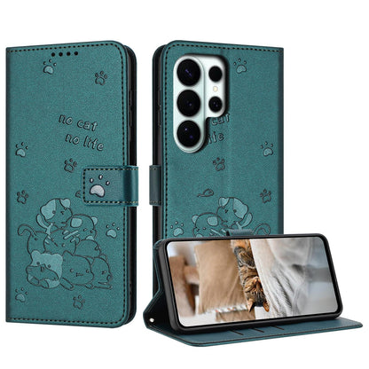 Samsung Galaxy S26 Ultra 5G Embossed Kitten PU Leather Wallet Case with Card Slots, Cash Pocket, Kickstand Function, Wrist Lanyard Strap, Full Protective TPU Flip Cover