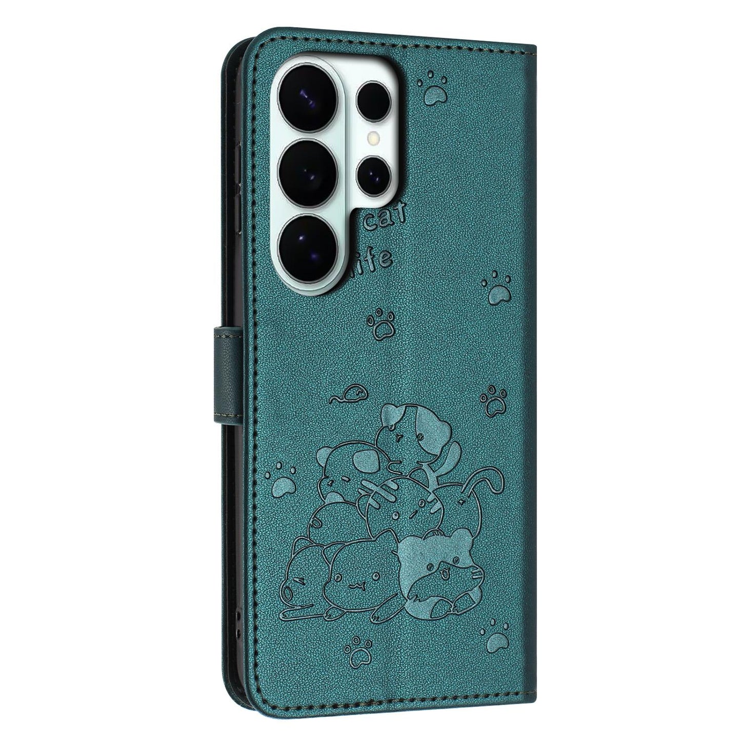 Samsung Galaxy S26 Ultra 5G Embossed Kitten PU Leather Wallet Case with Card Slots, Cash Pocket, Kickstand Function, Wrist Lanyard Strap, Full Protective TPU Flip Cover