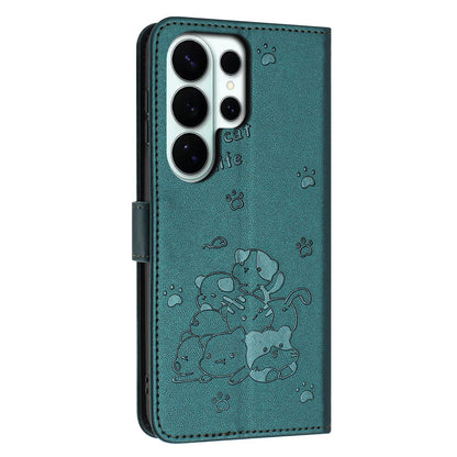Samsung Galaxy S26 Ultra 5G Embossed Kitten PU Leather Wallet Case with Card Slots, Cash Pocket, Kickstand Function, Wrist Lanyard Strap, Full Protective TPU Flip Cover