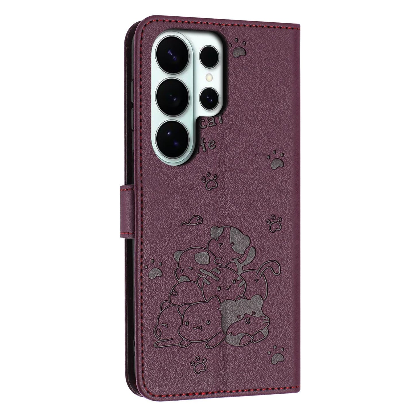 Samsung Galaxy S26 Ultra 5G Embossed Kitten PU Leather Wallet Case with Card Slots, Cash Pocket, Kickstand Function, Wrist Lanyard Strap, Full Protective TPU Flip Cover