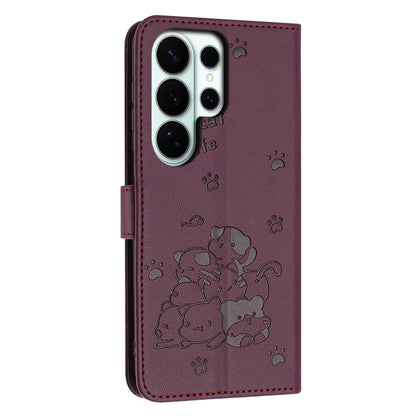 Samsung Galaxy S26 Ultra 5G Embossed Kitten PU Leather Wallet Case with Card Slots, Cash Pocket, Kickstand Function, Wrist Lanyard Strap, Full Protective TPU Flip Cover