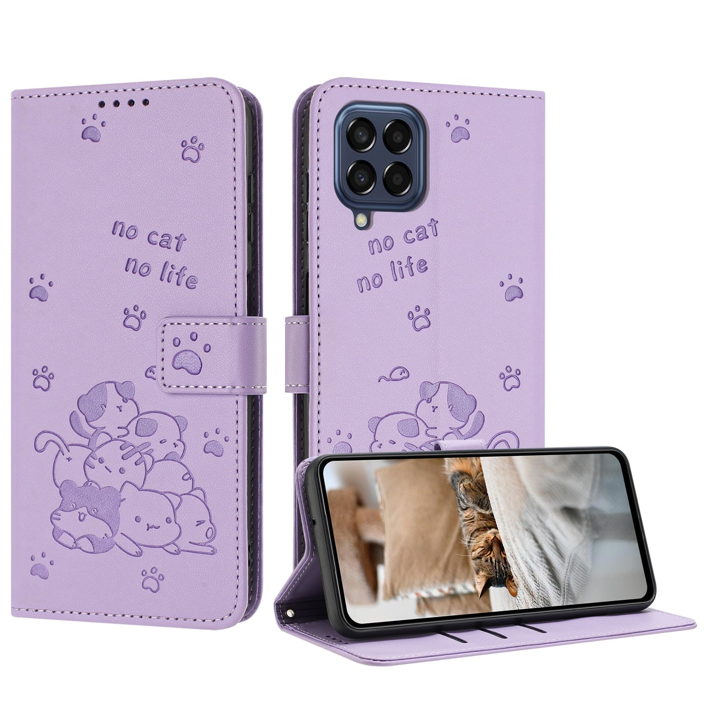 Samsung Galaxy M33 5G Embossed Kitten PU Leather Wallet Case with Card Slots, Cash Pocket, Kickstand Function, Wrist Lanyard Strap, Full Protective TPU Flip Cover