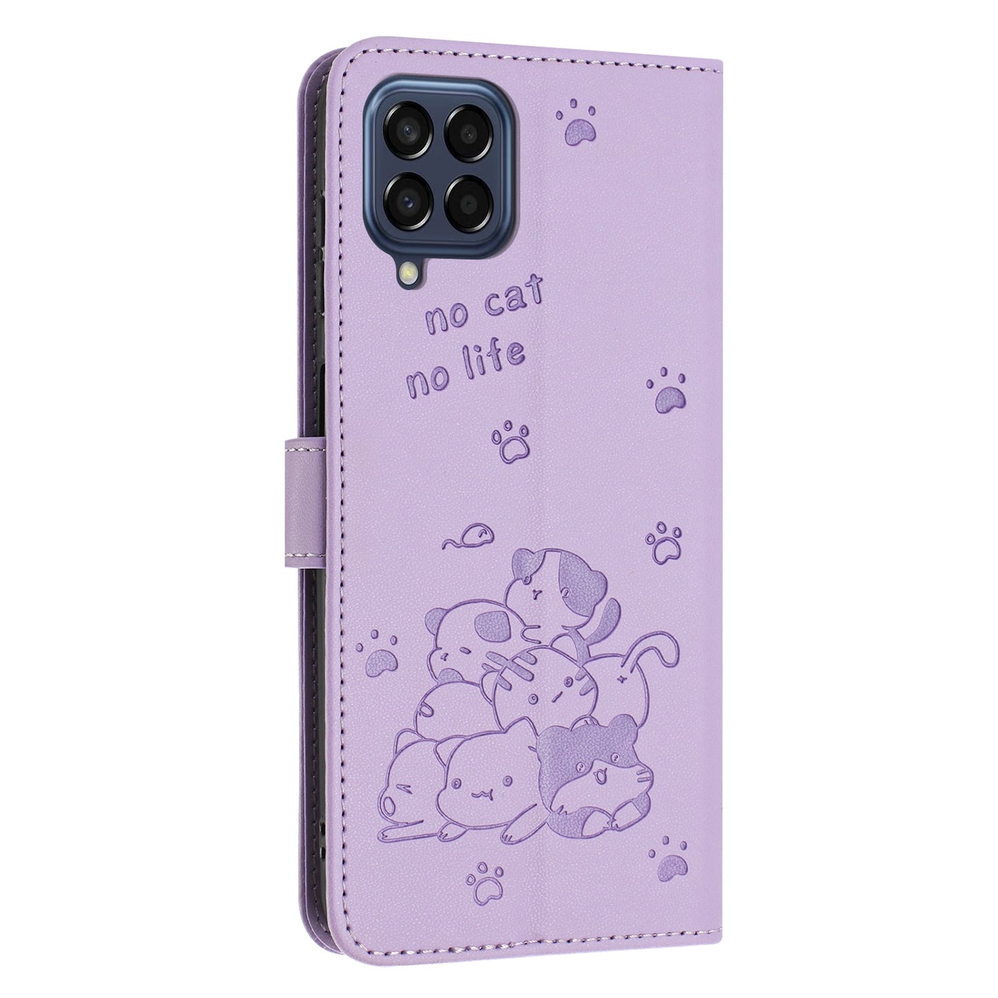 Samsung Galaxy M33 5G Embossed Kitten PU Leather Wallet Case with Card Slots, Cash Pocket, Kickstand Function, Wrist Lanyard Strap, Full Protective TPU Flip Cover