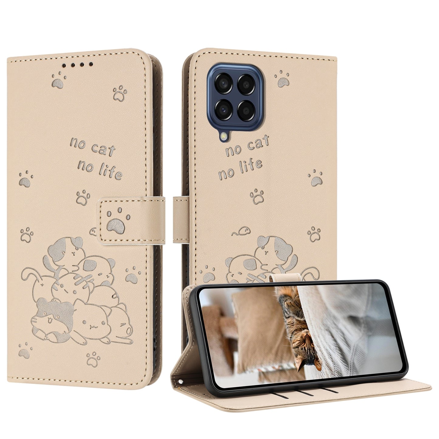 Samsung Galaxy M33 5G Embossed Kitten PU Leather Wallet Case with Card Slots, Cash Pocket, Kickstand Function, Wrist Lanyard Strap, Full Protective TPU Flip Cover
