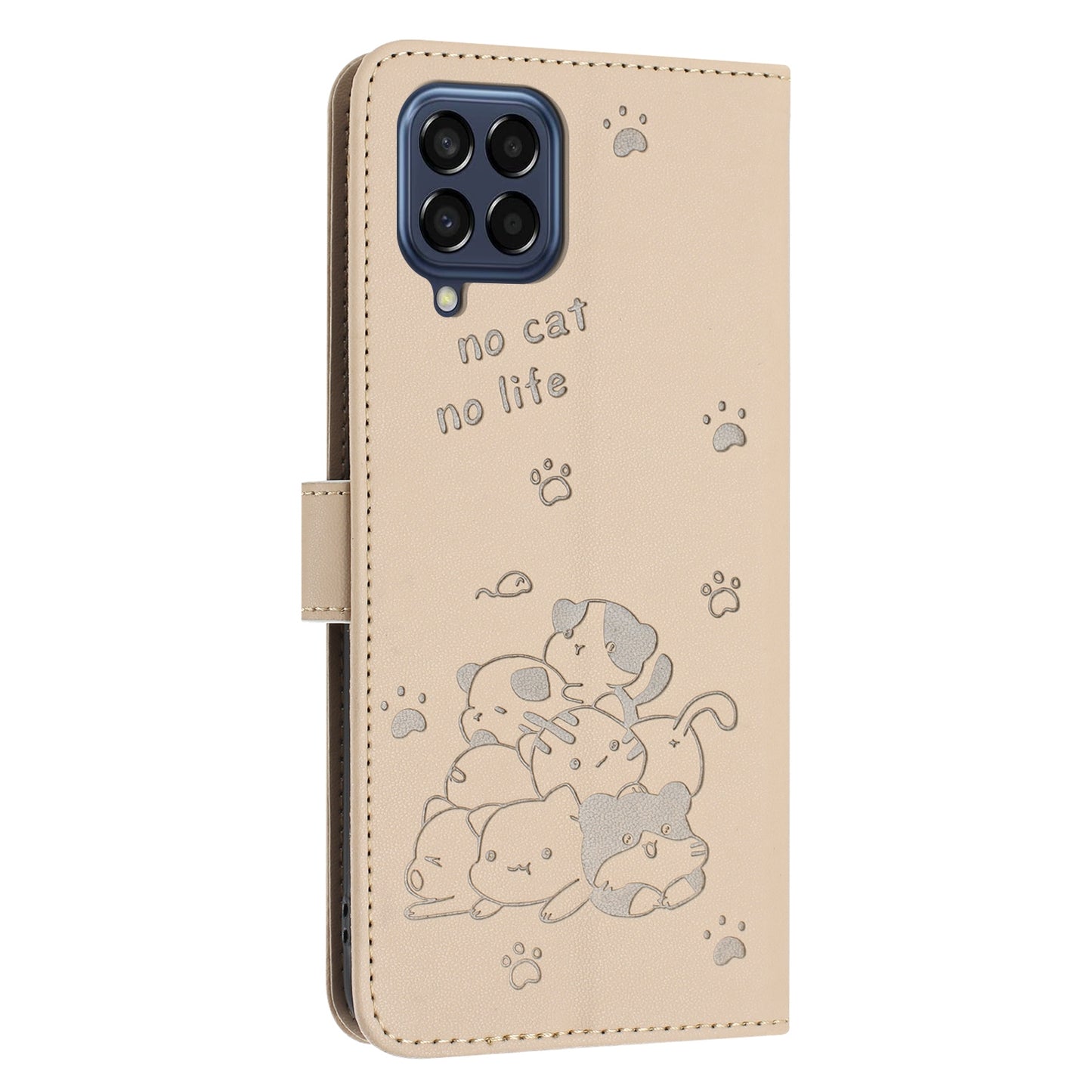 Samsung Galaxy M33 5G Embossed Kitten PU Leather Wallet Case with Card Slots, Cash Pocket, Kickstand Function, Wrist Lanyard Strap, Full Protective TPU Flip Cover