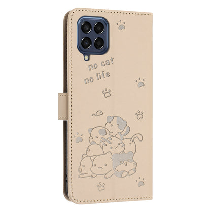 Samsung Galaxy M33 5G Embossed Kitten PU Leather Wallet Case with Card Slots, Cash Pocket, Kickstand Function, Wrist Lanyard Strap, Full Protective TPU Flip Cover