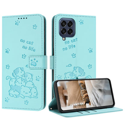 Samsung Galaxy M33 5G Embossed Kitten PU Leather Wallet Case with Card Slots, Cash Pocket, Kickstand Function, Wrist Lanyard Strap, Full Protective TPU Flip Cover