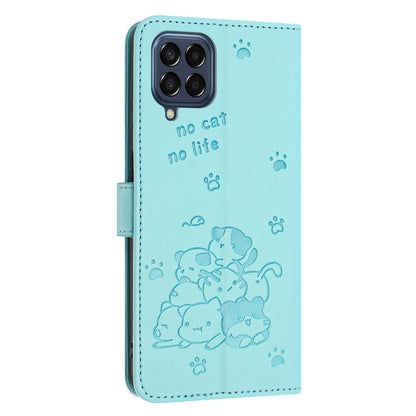 Samsung Galaxy M33 5G Embossed Kitten PU Leather Wallet Case with Card Slots, Cash Pocket, Kickstand Function, Wrist Lanyard Strap, Full Protective TPU Flip Cover