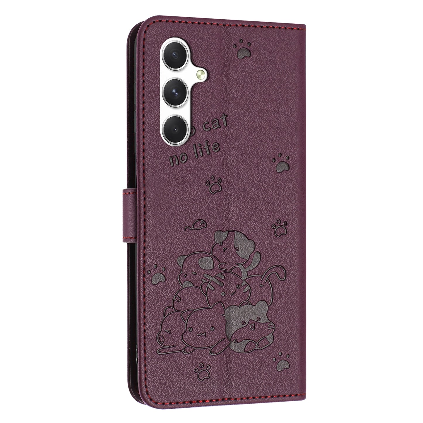 Samsung Galaxy M35 5G Embossed Kitten PU Leather Wallet Case with Card Slots, Cash Pocket, Kickstand Function, Wrist Lanyard Strap, Full Protective TPU Flip Cover