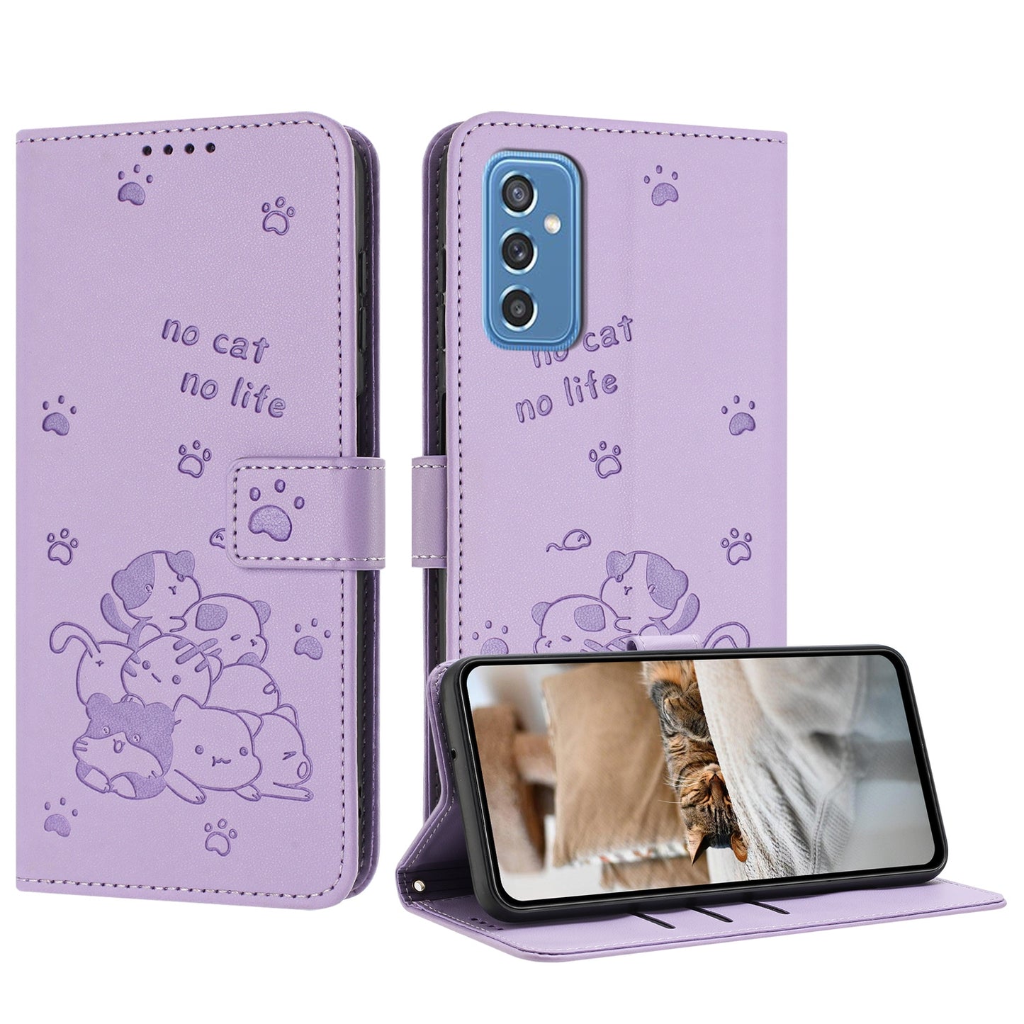 Samsung Galaxy M52 5G Embossed Kitten PU Leather Wallet Case with Card Slots, Cash Pocket, Kickstand Function, Wrist Lanyard Strap, Full Protective TPU Flip Cover
