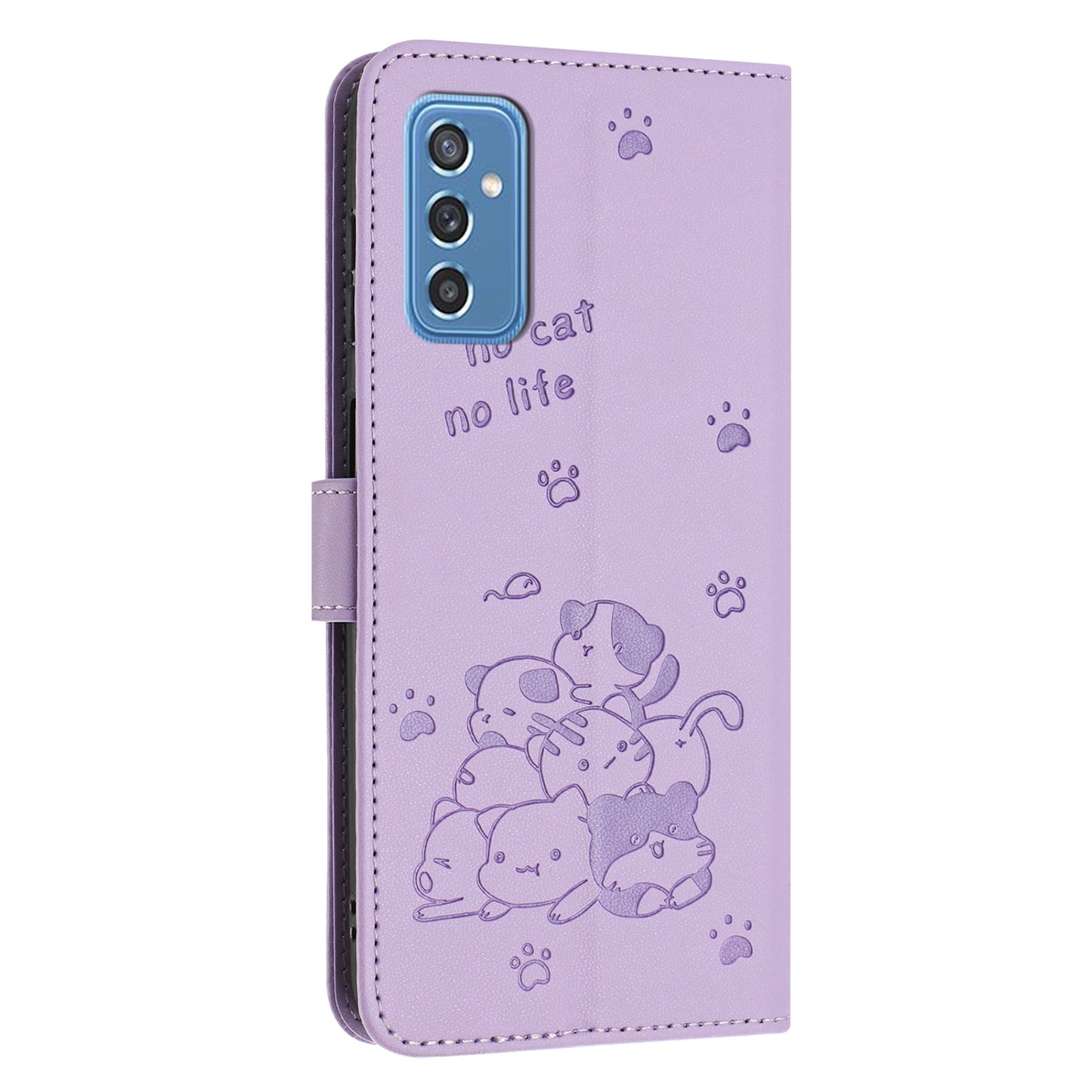 Samsung Galaxy M52 5G Embossed Kitten PU Leather Wallet Case with Card Slots, Cash Pocket, Kickstand Function, Wrist Lanyard Strap, Full Protective TPU Flip Cover