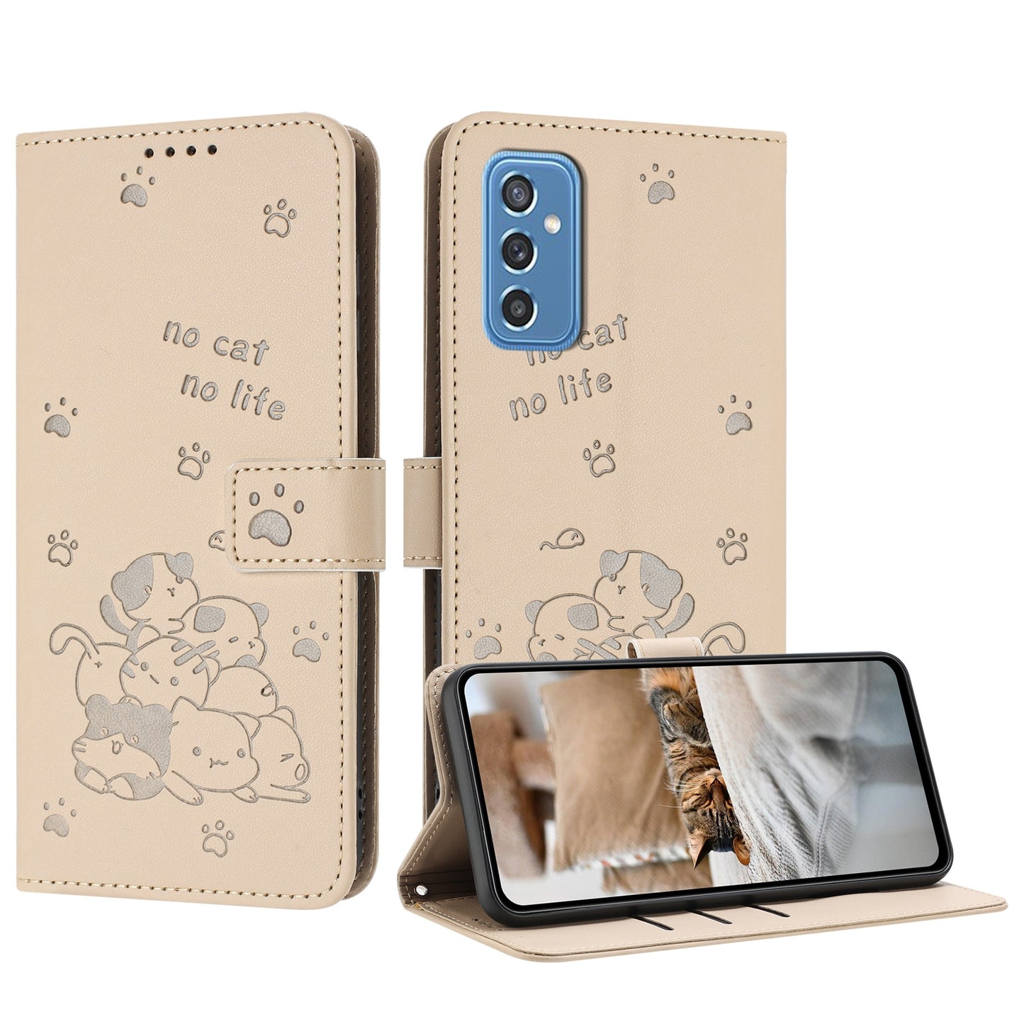 Samsung Galaxy M52 5G Embossed Kitten PU Leather Wallet Case with Card Slots, Cash Pocket, Kickstand Function, Wrist Lanyard Strap, Full Protective TPU Flip Cover