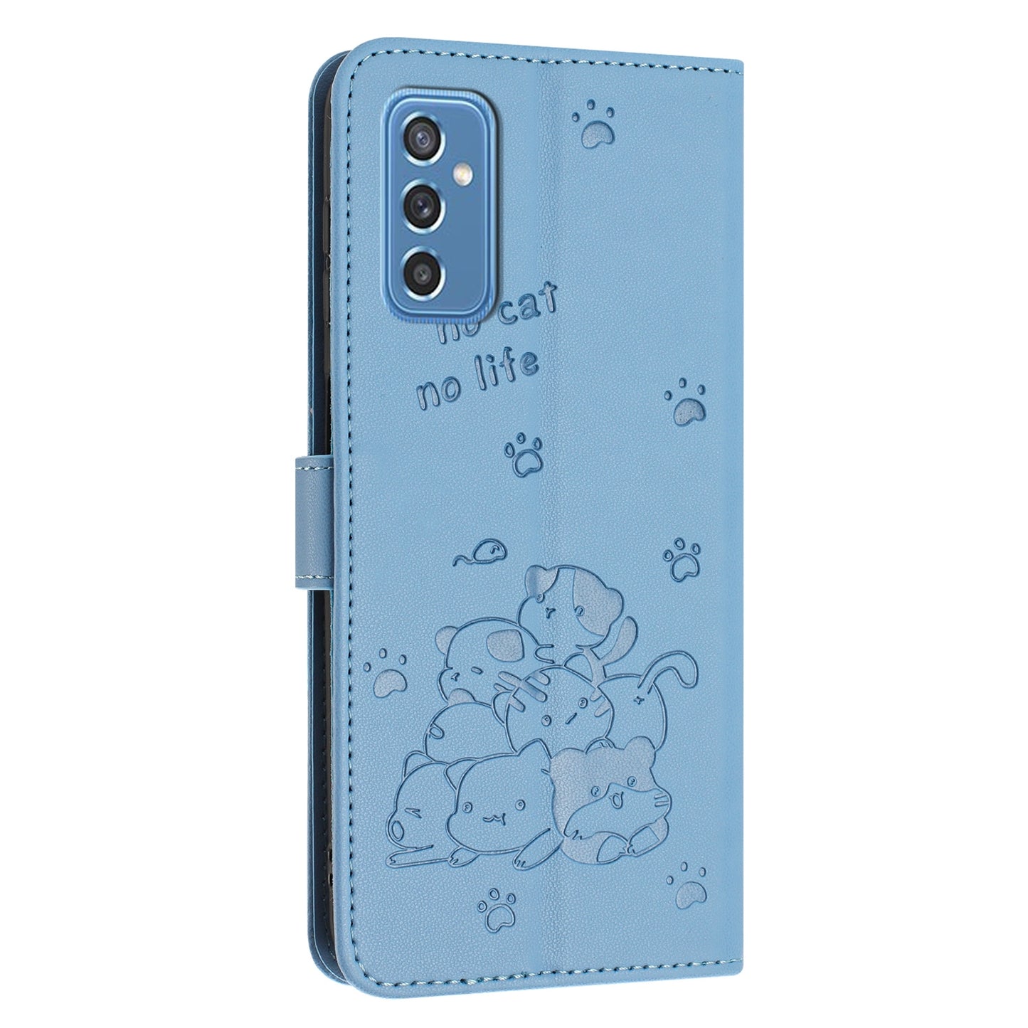 Samsung Galaxy M52 5G Embossed Kitten PU Leather Wallet Case with Card Slots, Cash Pocket, Kickstand Function, Wrist Lanyard Strap, Full Protective TPU Flip Cover