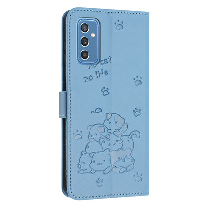 Samsung Galaxy M52 5G Embossed Kitten PU Leather Wallet Case with Card Slots, Cash Pocket, Kickstand Function, Wrist Lanyard Strap, Full Protective TPU Flip Cover
