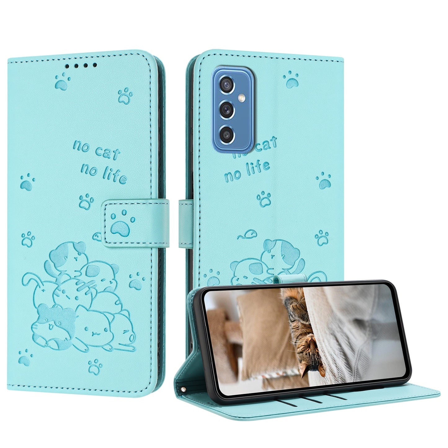 Samsung Galaxy M52 5G Embossed Kitten PU Leather Wallet Case with Card Slots, Cash Pocket, Kickstand Function, Wrist Lanyard Strap, Full Protective TPU Flip Cover