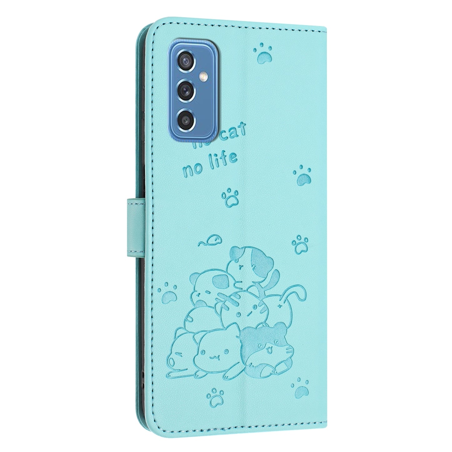 Samsung Galaxy M52 5G Embossed Kitten PU Leather Wallet Case with Card Slots, Cash Pocket, Kickstand Function, Wrist Lanyard Strap, Full Protective TPU Flip Cover