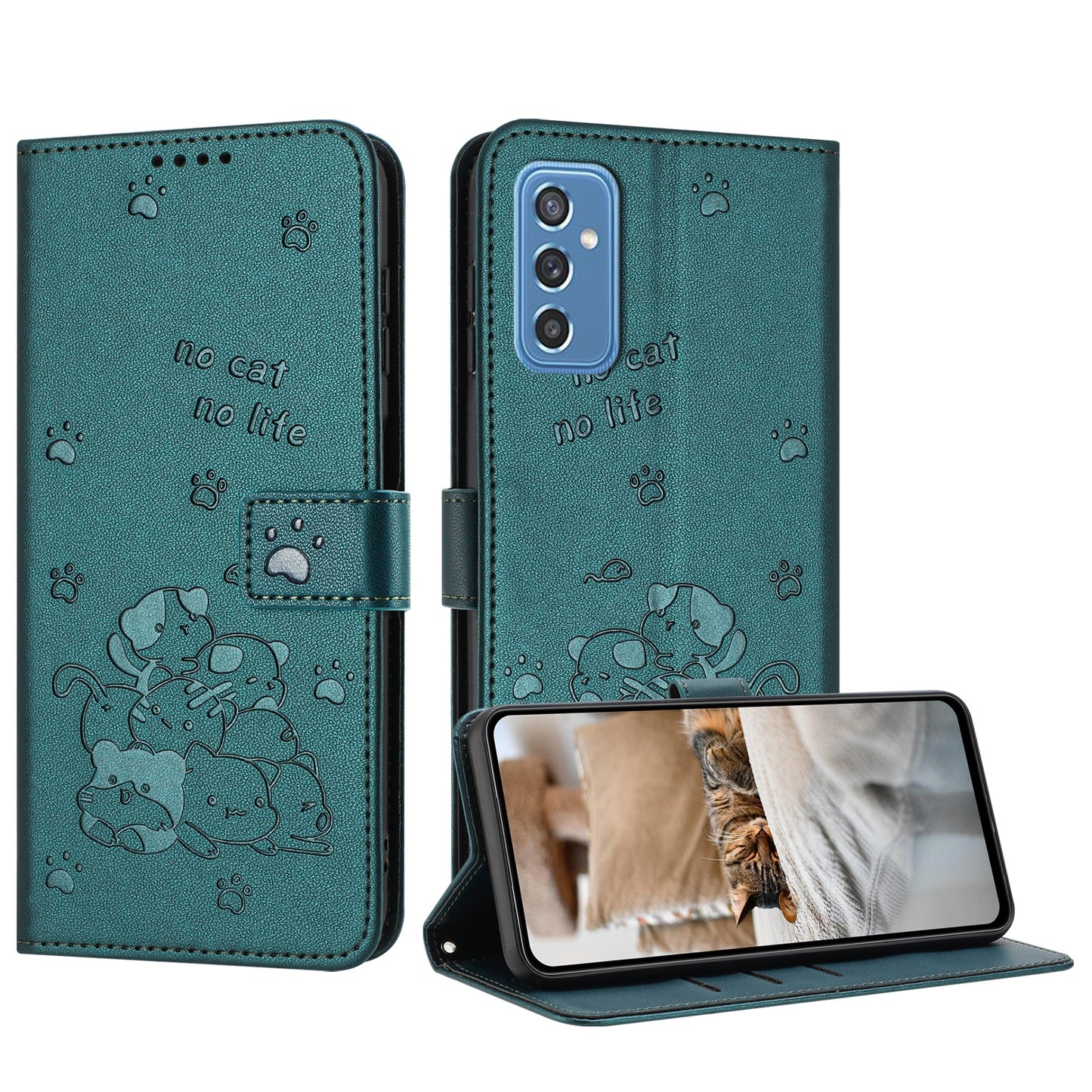 Samsung Galaxy M52 5G Embossed Kitten PU Leather Wallet Case with Card Slots, Cash Pocket, Kickstand Function, Wrist Lanyard Strap, Full Protective TPU Flip Cover