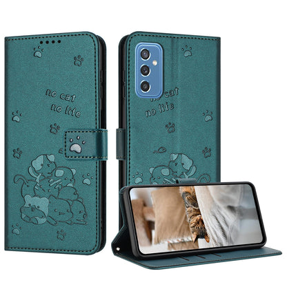 Samsung Galaxy M52 5G Embossed Kitten PU Leather Wallet Case with Card Slots, Cash Pocket, Kickstand Function, Wrist Lanyard Strap, Full Protective TPU Flip Cover