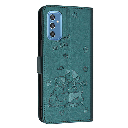 Samsung Galaxy M52 5G Embossed Kitten PU Leather Wallet Case with Card Slots, Cash Pocket, Kickstand Function, Wrist Lanyard Strap, Full Protective TPU Flip Cover
