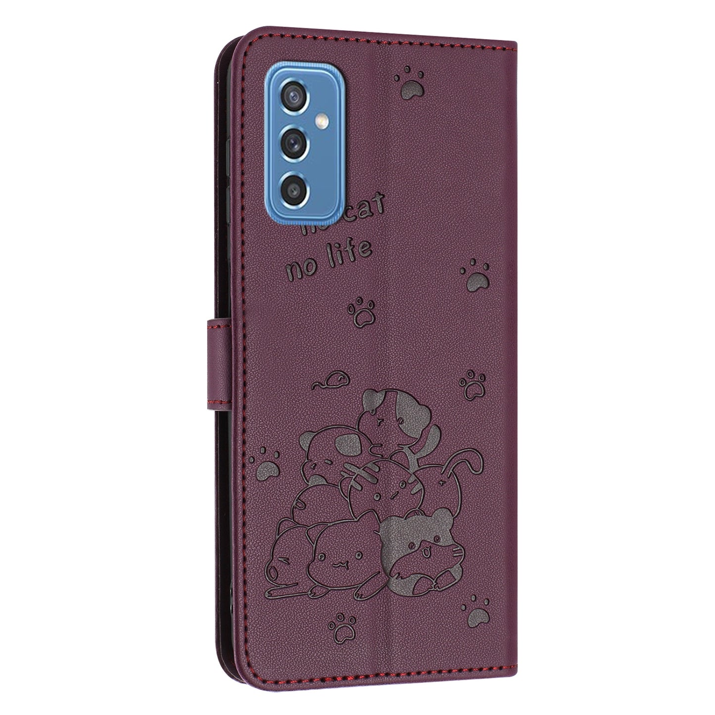 Samsung Galaxy M52 5G Embossed Kitten PU Leather Wallet Case with Card Slots, Cash Pocket, Kickstand Function, Wrist Lanyard Strap, Full Protective TPU Flip Cover
