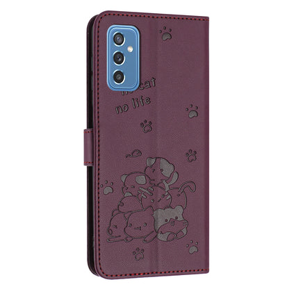 Samsung Galaxy M52 5G Embossed Kitten PU Leather Wallet Case with Card Slots, Cash Pocket, Kickstand Function, Wrist Lanyard Strap, Full Protective TPU Flip Cover
