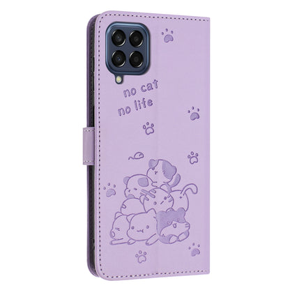 Samsung Galaxy M53 5G Embossed Kitten PU Leather Wallet Case with Card Slots, Cash Pocket, Kickstand Function, Wrist Lanyard Strap, Full Protective TPU Flip Cover