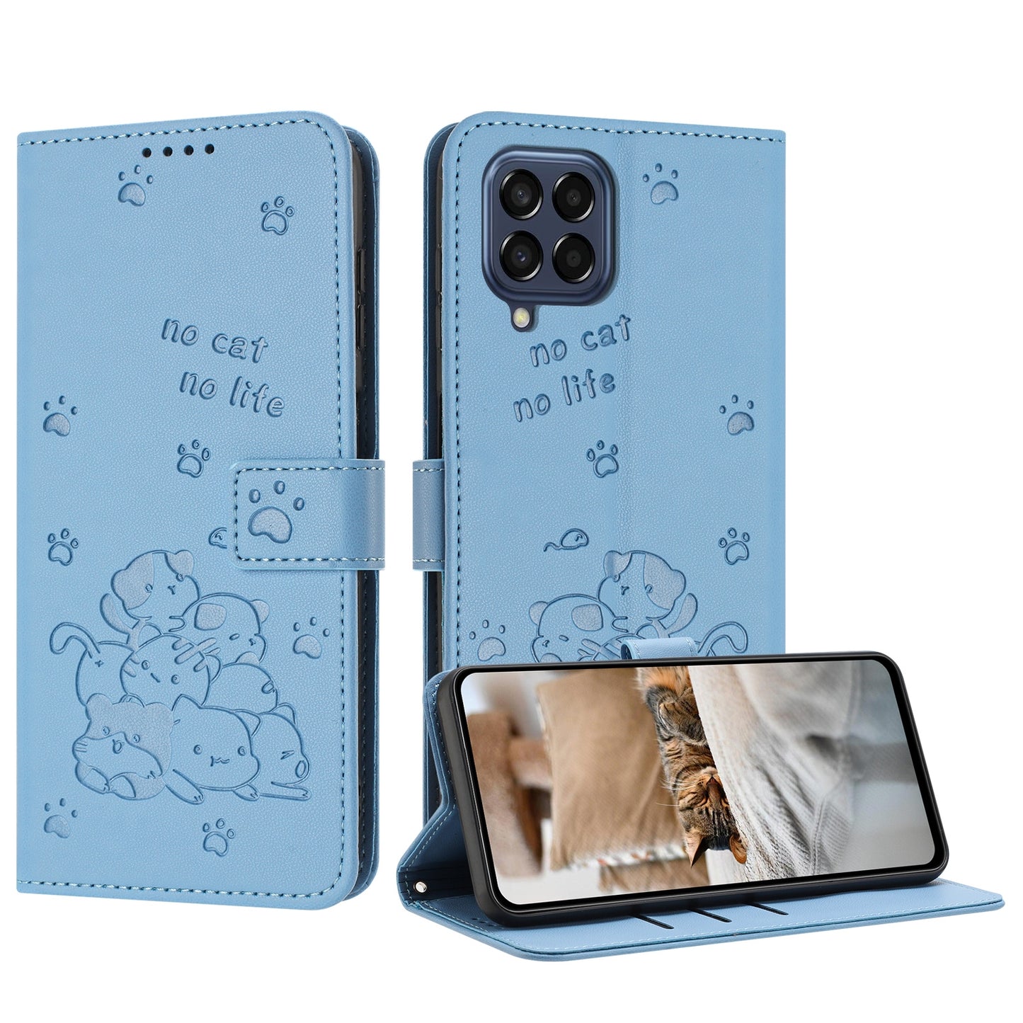 Samsung Galaxy M53 5G Embossed Kitten PU Leather Wallet Case with Card Slots, Cash Pocket, Kickstand Function, Wrist Lanyard Strap, Full Protective TPU Flip Cover