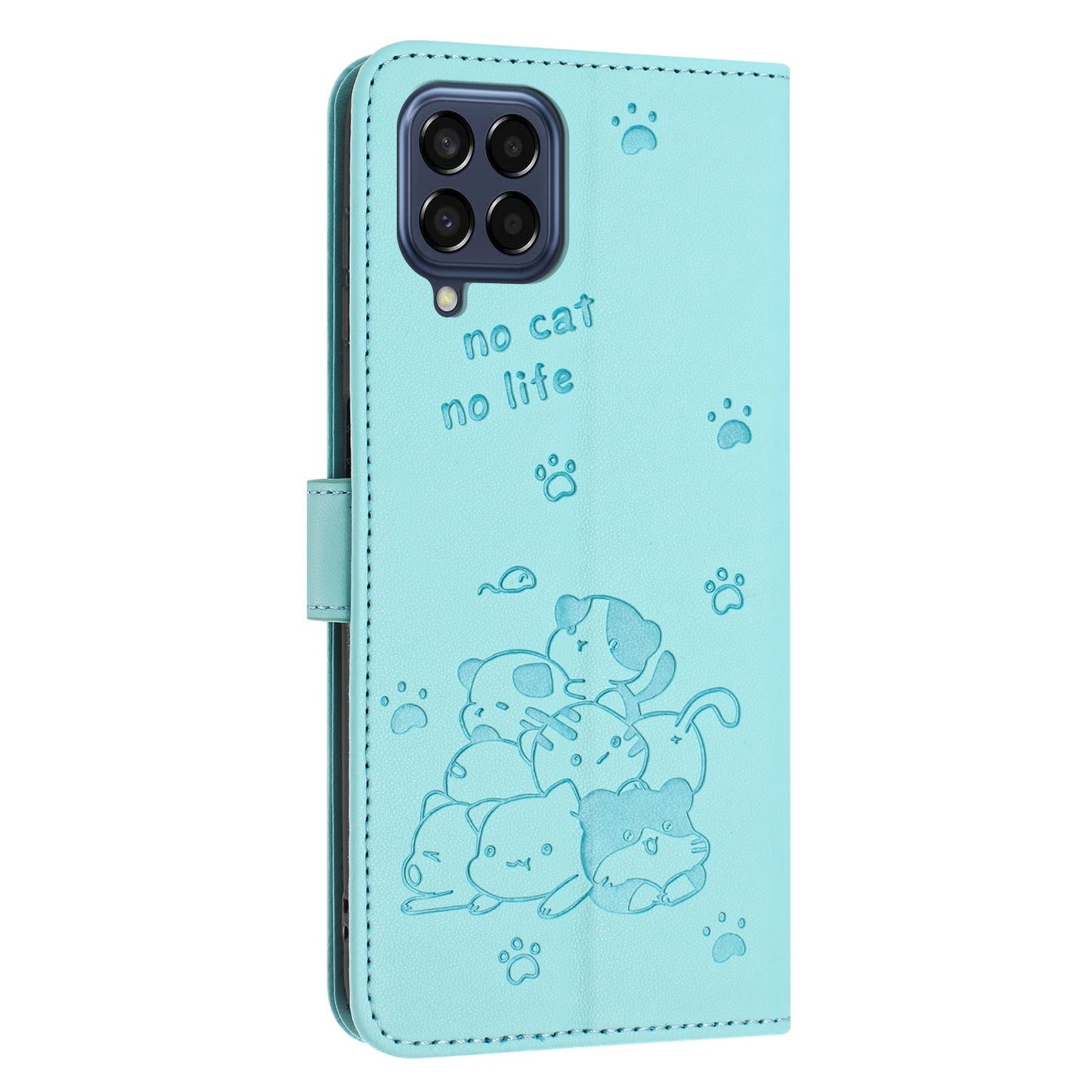 Samsung Galaxy M53 5G Embossed Kitten PU Leather Wallet Case with Card Slots, Cash Pocket, Kickstand Function, Wrist Lanyard Strap, Full Protective TPU Flip Cover