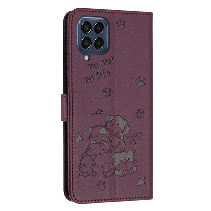 Samsung Galaxy M53 5G Embossed Kitten PU Leather Wallet Case with Card Slots, Cash Pocket, Kickstand Function, Wrist Lanyard Strap, Full Protective TPU Flip Cover