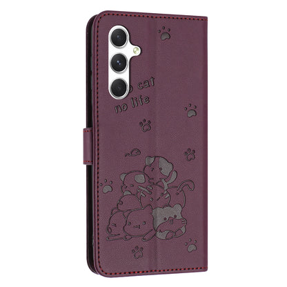 Samsung Galaxy M54 5G Embossed Kitten PU Leather Wallet Case with Card Slots, Cash Pocket, Kickstand Function, Wrist Lanyard Strap, Full Protective TPU Flip Cover
